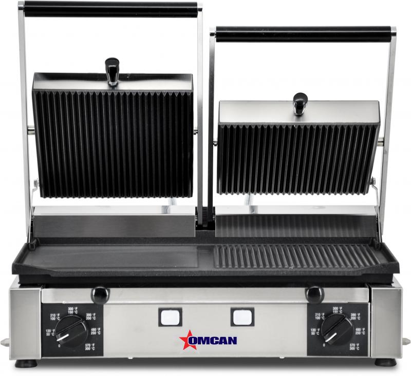 Elite Series 10" x 19" Double Panini Grill with Ribbed Top and 1/2 Grooved and Smooth Bottom  Grill Surface